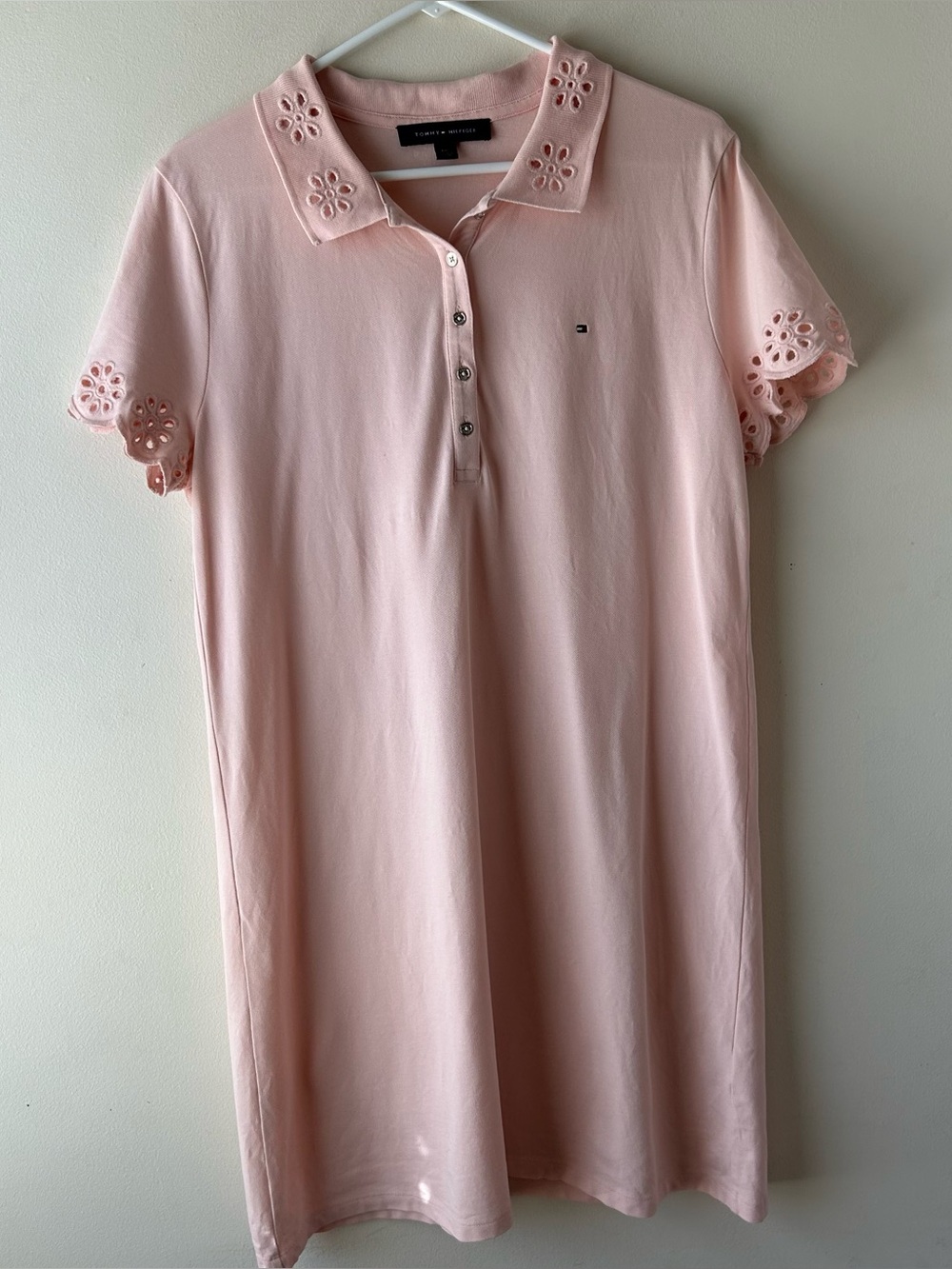 Tommy Hilfiger Polo Collared Eyelet Sleeve Midi Dress Blush Pink L